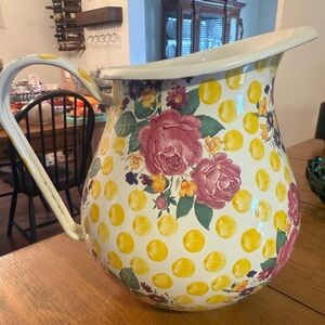 MacKenzie Childs Buttercup Enamel 3 Qt Pitcher 8.5" Floral Yellow Dots Retired